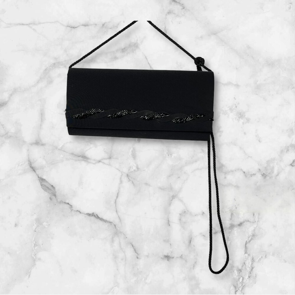 La Regale Vintage Black Satin Beaded Evening Clutch Purse With Shoulder Strap